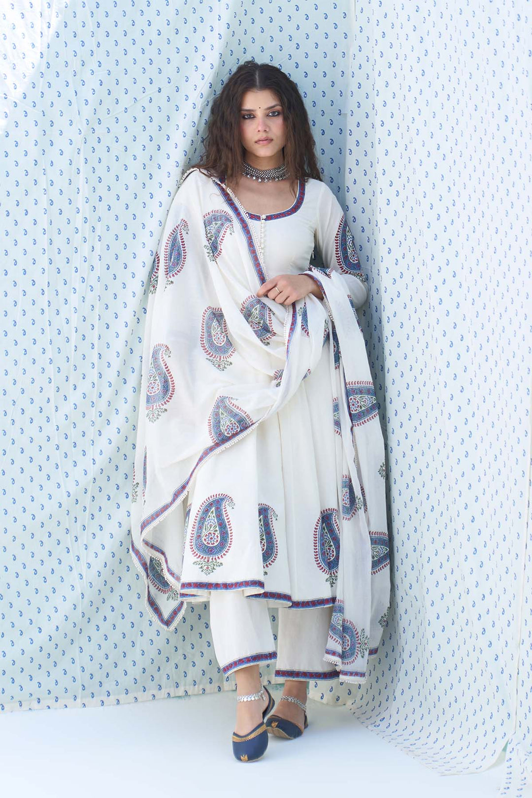 Mehraz Kora Paisley Anarkali with Palazzo and Dupatta