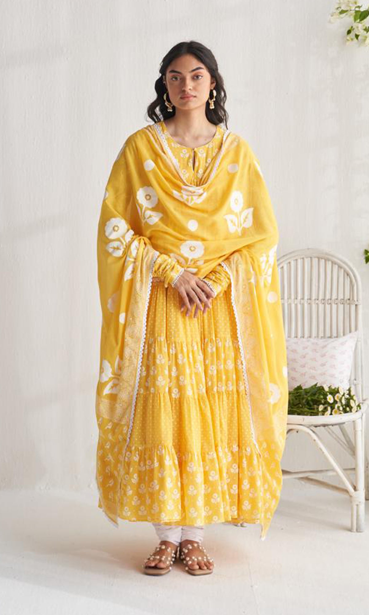Gulmohar Khari Yellow Block Printed Tiered Anarkali with Churidar and Dupatta
