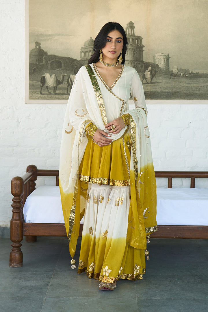 Ombre gota mustard angrakha anarkali with gharara and dupatta ( set of 3 )