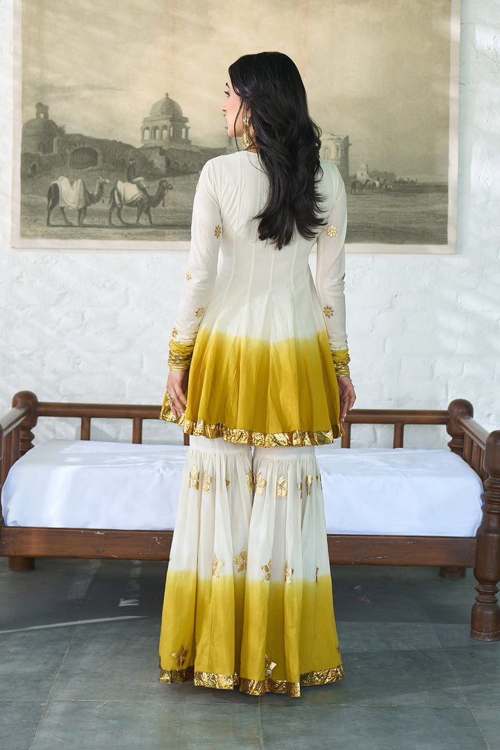 Ombre gota mustard angrakha anarkali with gharara and dupatta ( set of 3 )