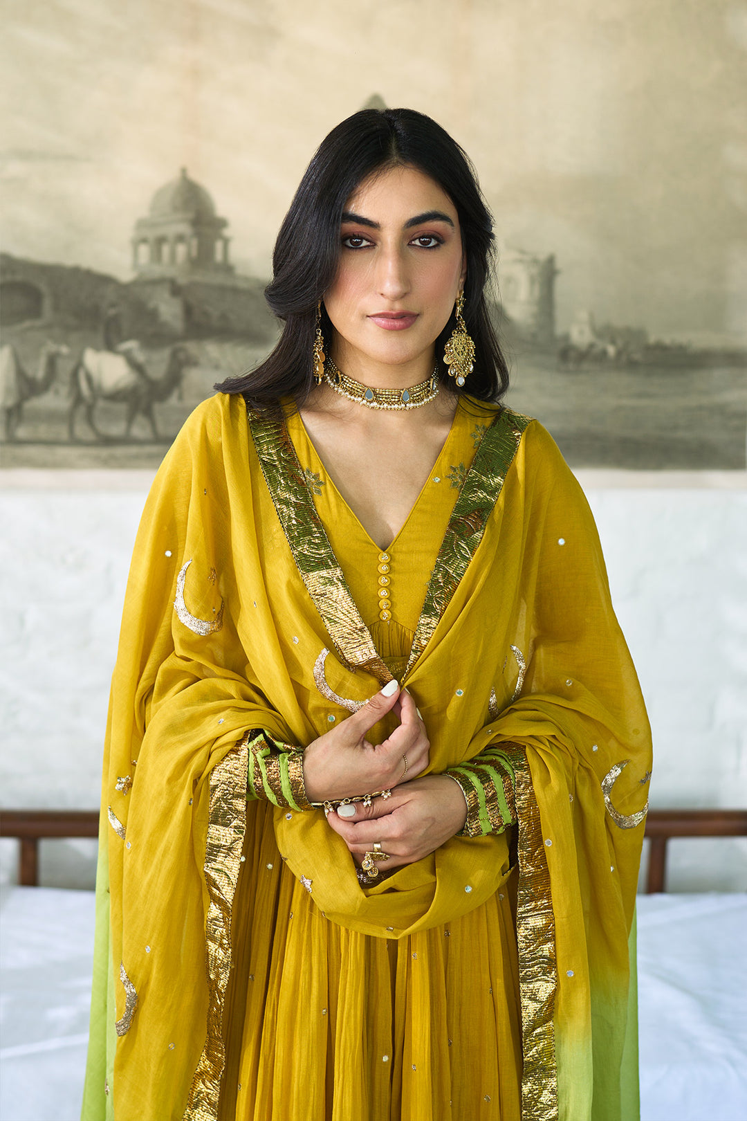 Ombre gota mustard to green  v- neck gota patti embroidered anarkali with palazzo and dupatta ( set  of 3 )