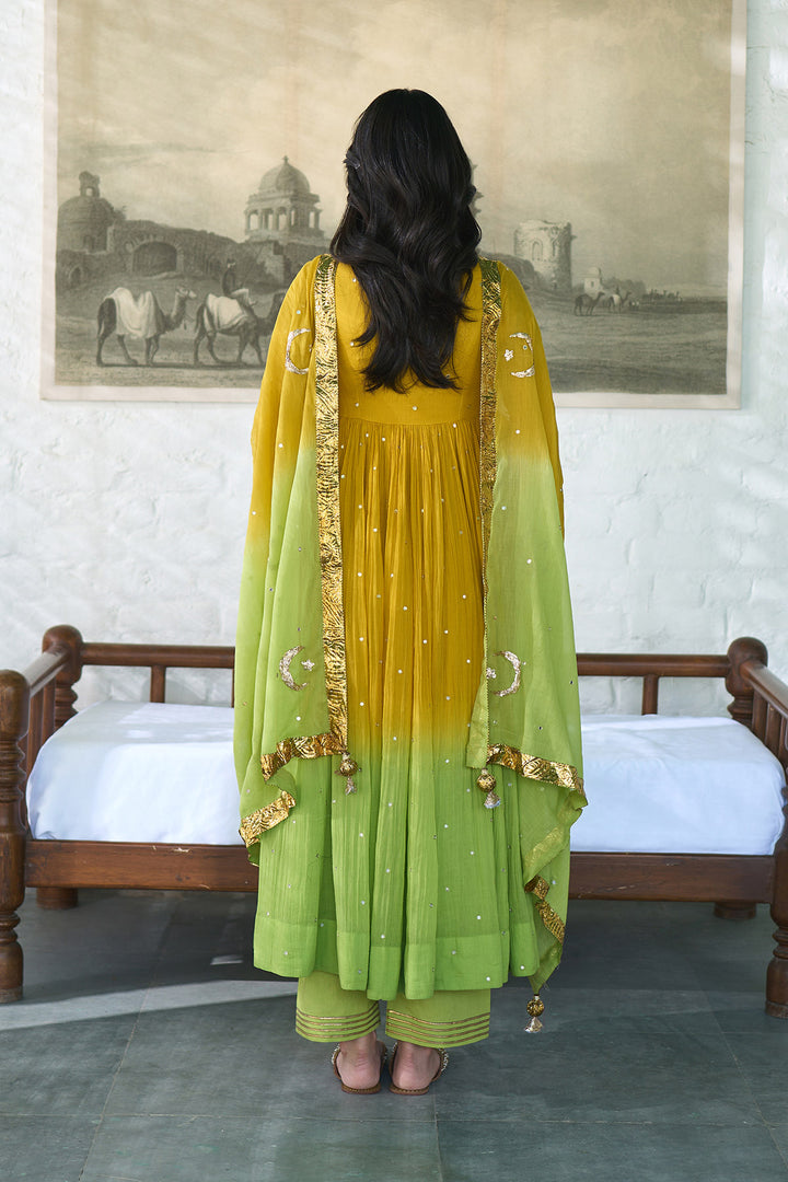 Ombre gota mustard to green  v- neck gota patti embroidered anarkali with palazzo and dupatta ( set  of 3 )