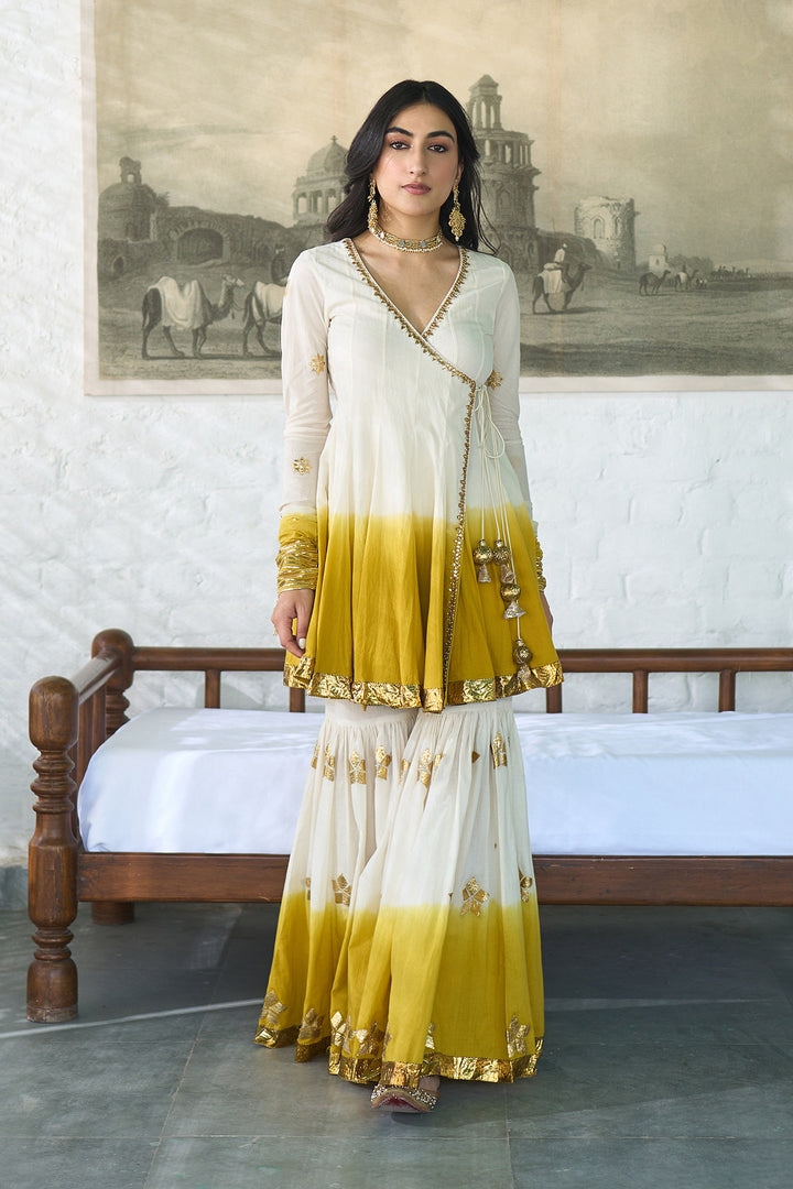 Ombre gota mustard angrakha anarkali with gharara and dupatta ( set of 3 )