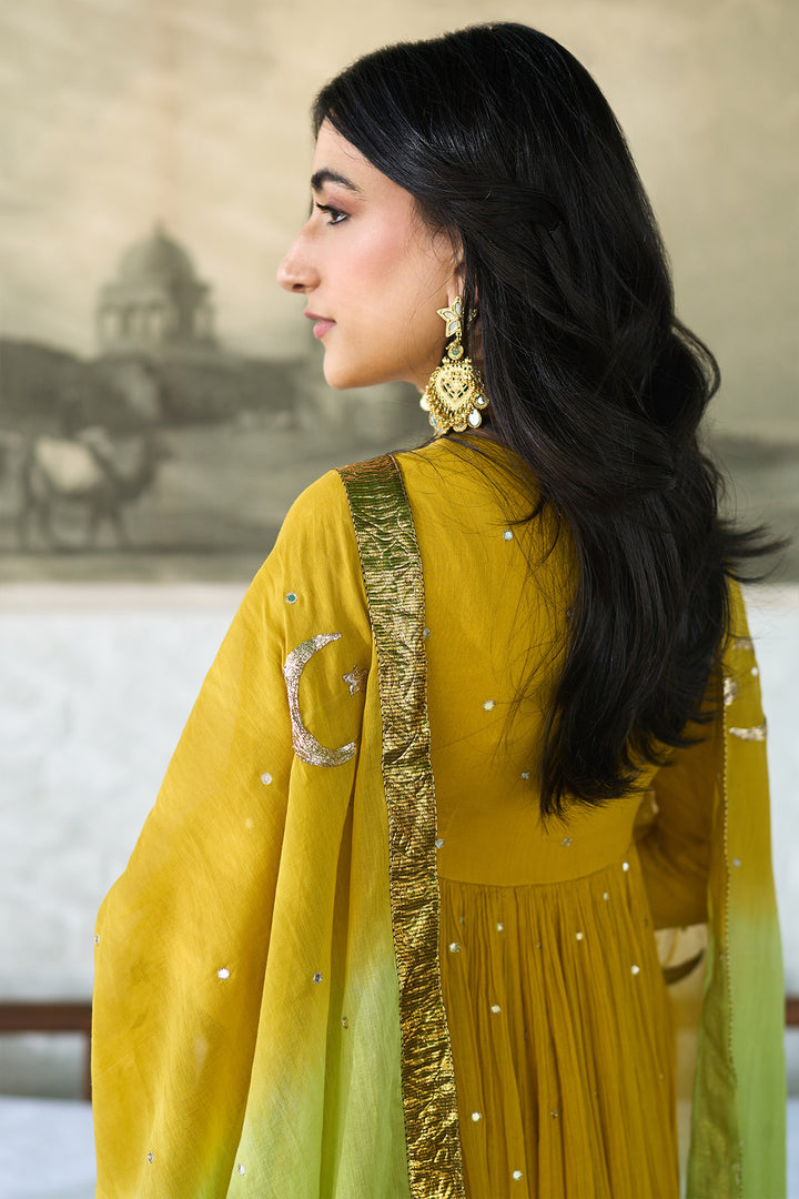 Ombre gota mustard to green  v- neck gota patti embroidered anarkali with palazzo and dupatta ( set  of 3 )