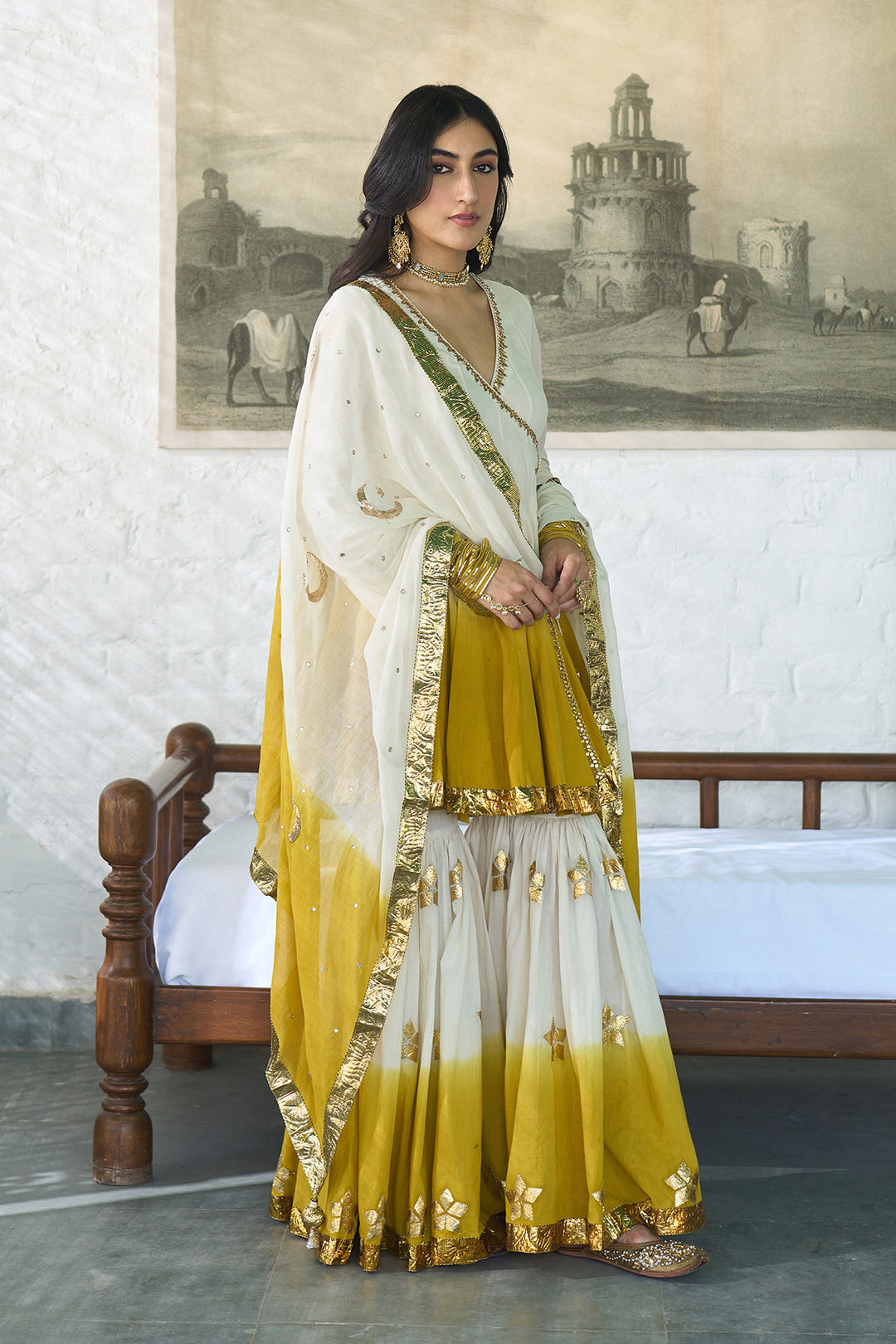 Ombre gota mustard angrakha anarkali with gharara and dupatta ( set of 3 )