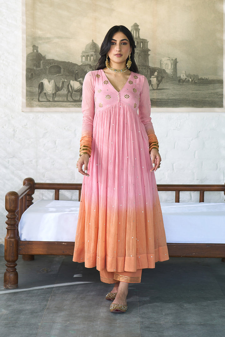 Ombre gota pink to orange v- neck gota patti embroidered anarkali with palazzo and dupatta ( set  of 3 ) RTS