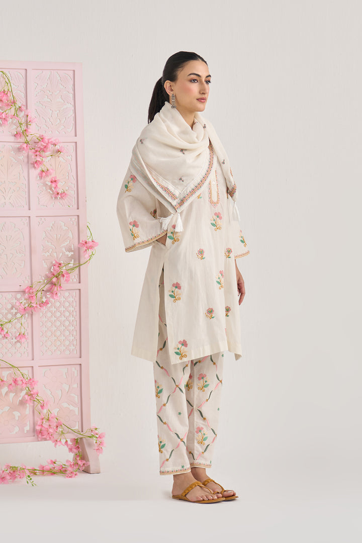 Chikankari summer 26" kora Bell sleeves kurta with jall embroidered salwar and scarf ( set of 3)
