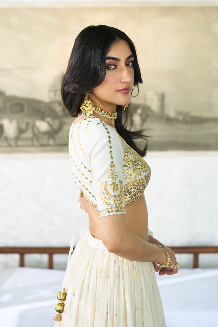 Ombre gota mustard double layer ombre lehenga with gotapatti blouse with dupatta ( set of 3 )