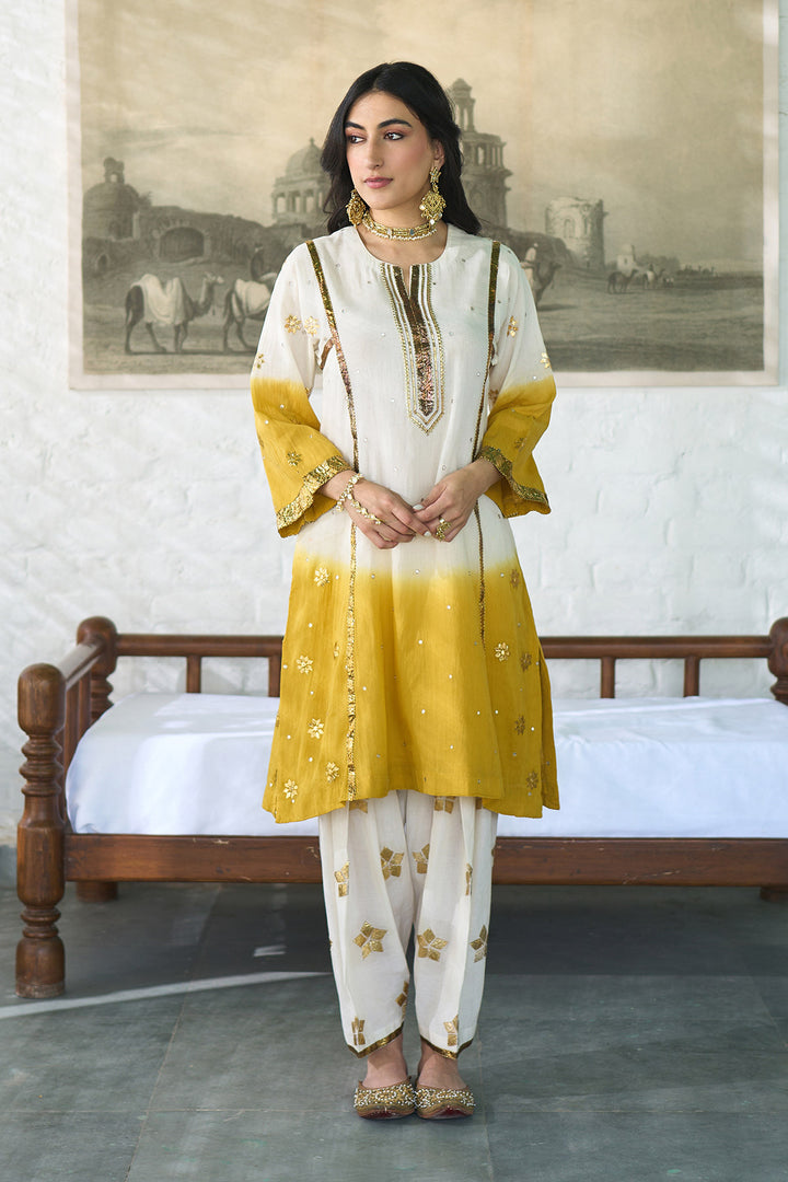 Ombre gota mustard patti embroidered ombre choga set ( set of 3 )