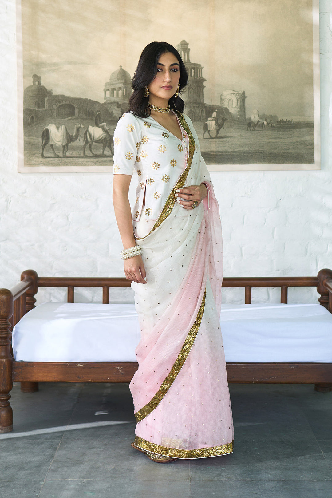 Ombre gota pink saari with long gota patti blouse ( set of 3 )