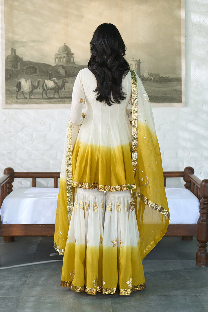 Ombre gota mustard angrakha anarkali with gharara and dupatta ( set of 3 )