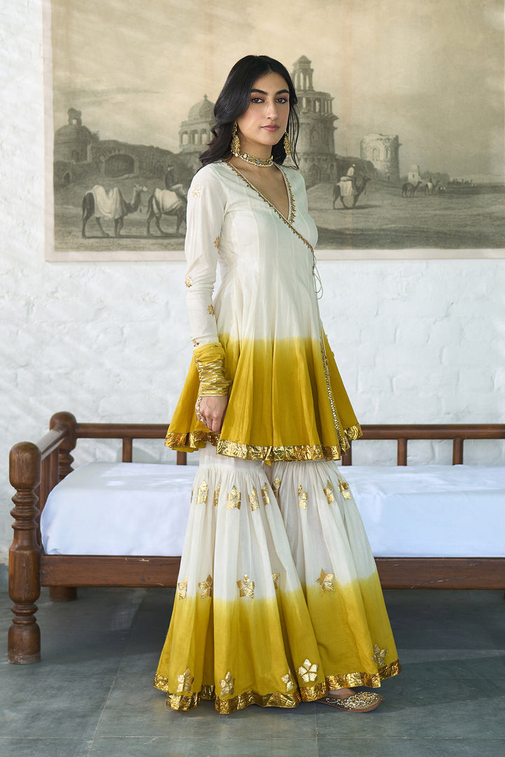 Ombre gota mustard angrakha anarkali with gharara and dupatta ( set of 3 )