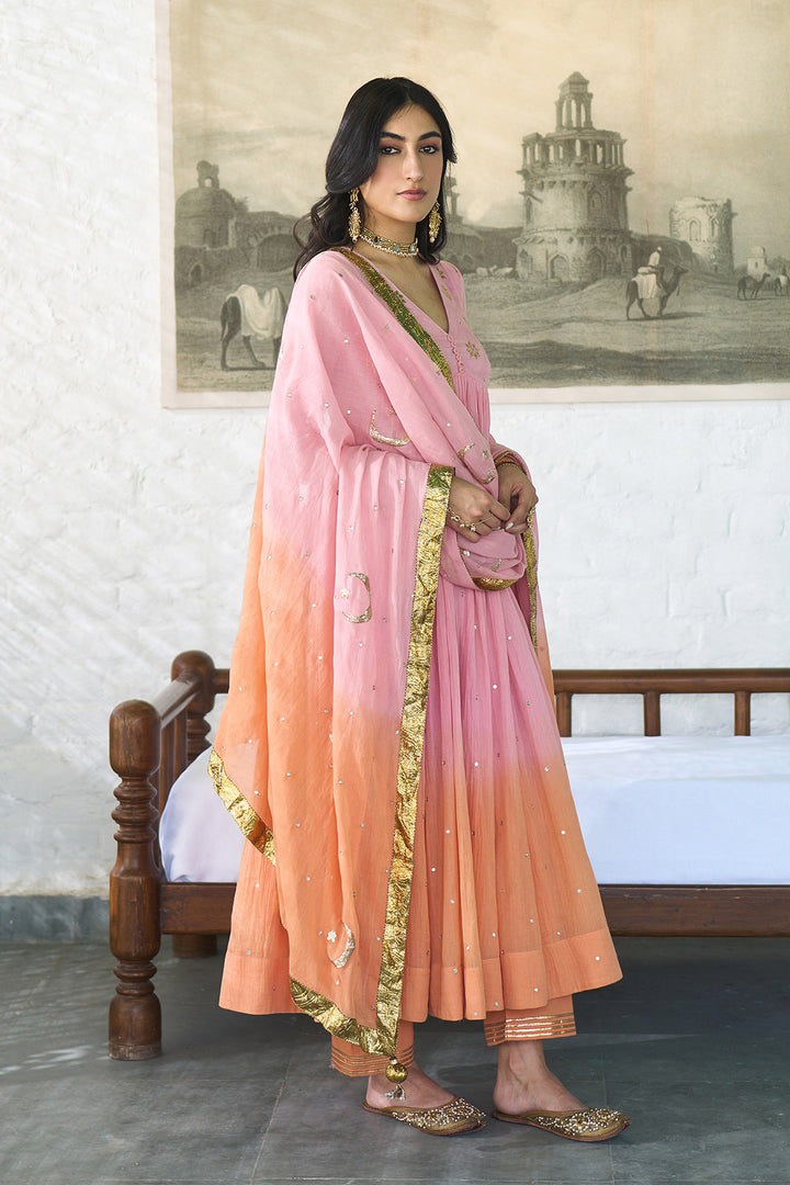 Ombre gota pink to orange v- neck gota patti embroidered anarkali with palazzo and dupatta ( set  of 3 ) RTS