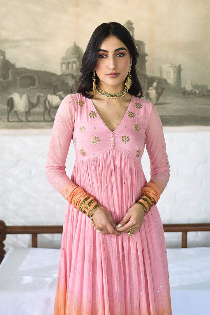Ombre gota pink to orange v- neck gota patti embroidered anarkali with palazzo and dupatta ( set  of 3 ) RTS