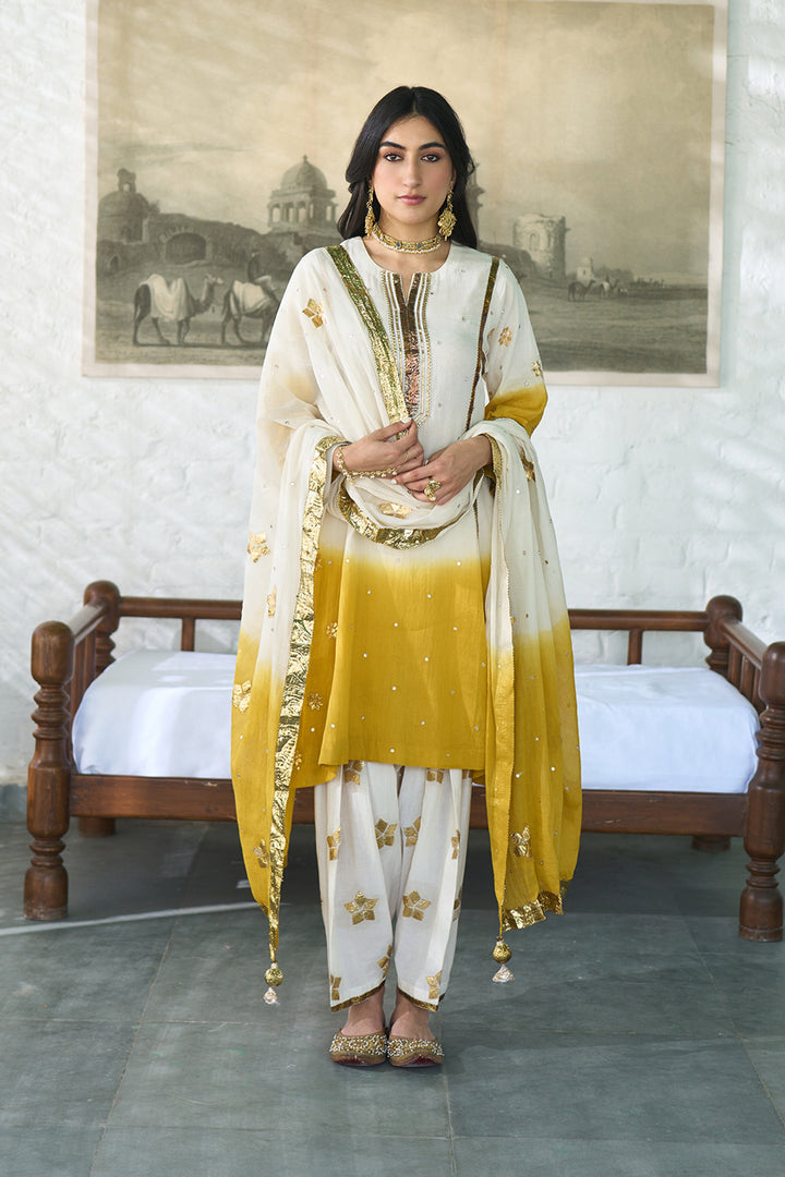 Ombre gota mustard patti embroidered ombre choga set ( set of 3 )