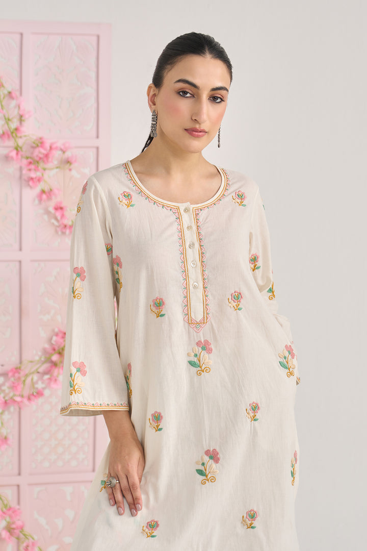 Chikankari summer 26" kora Bell sleeves kurta with jall embroidered salwar and scarf ( set of 3)