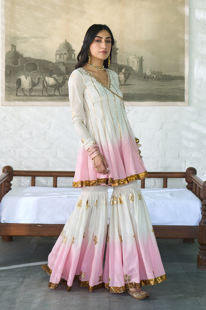 Ombre gota pink patti embroidered gharara set ( set of 3 )