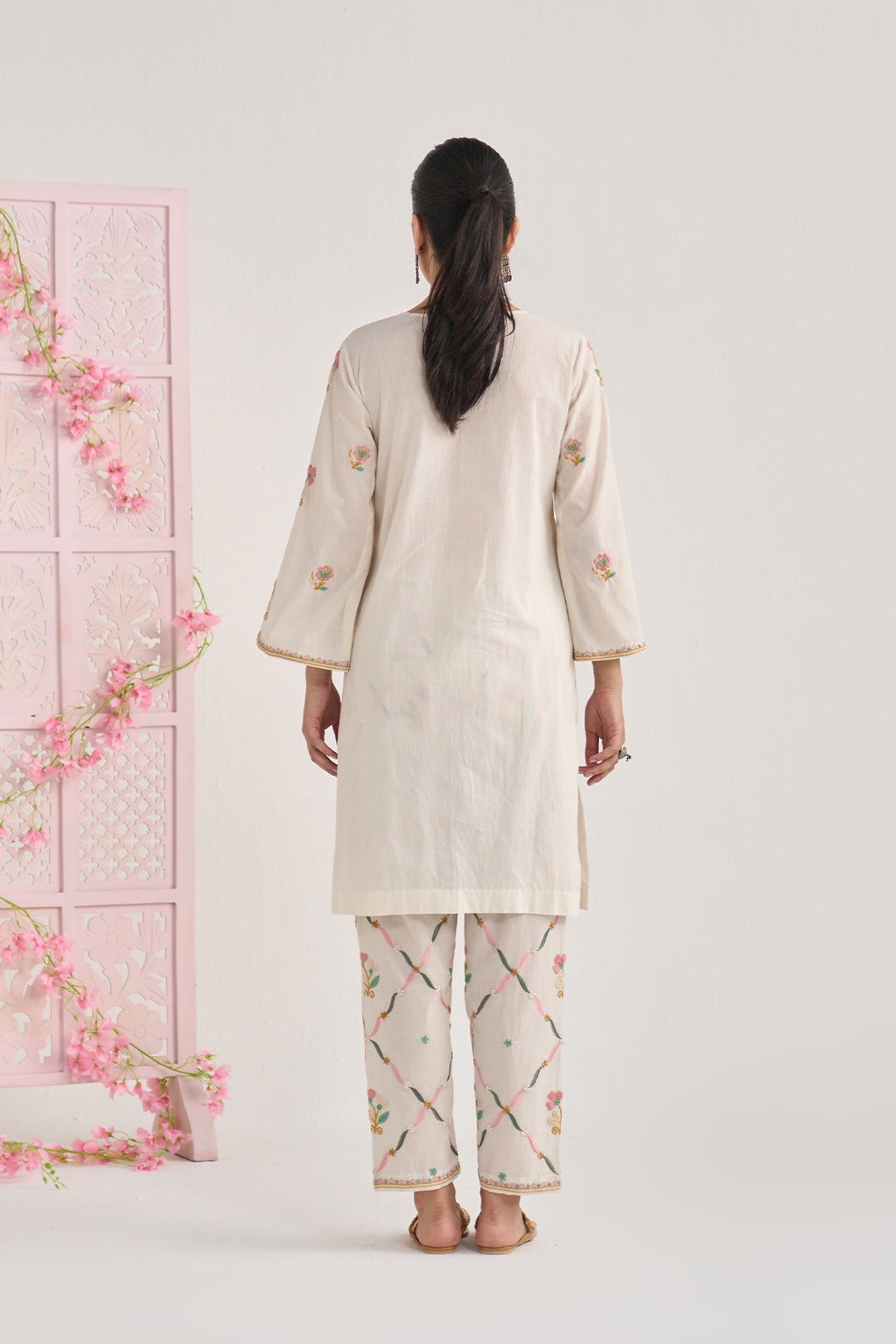 Chikankari summer 26" kora Bell sleeves kurta with jall embroidered salwar and scarf ( set of 3)
