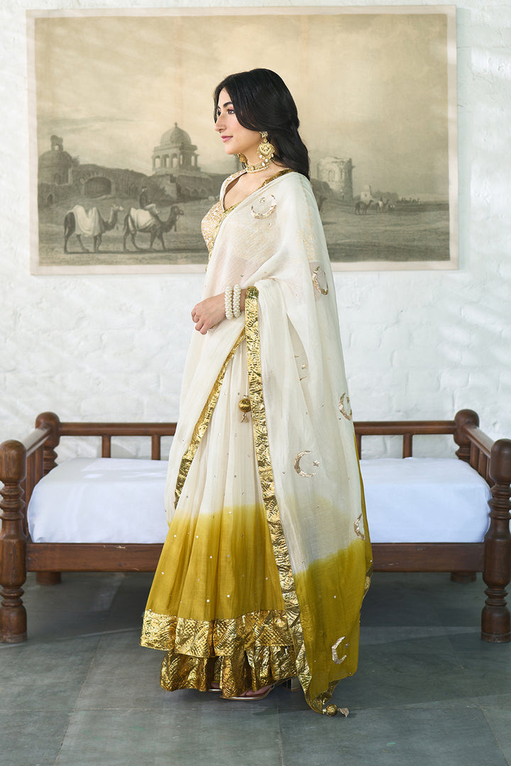 Ombre gota mustard double layer ombre lehenga with gotapatti blouse with dupatta ( set of 3 )