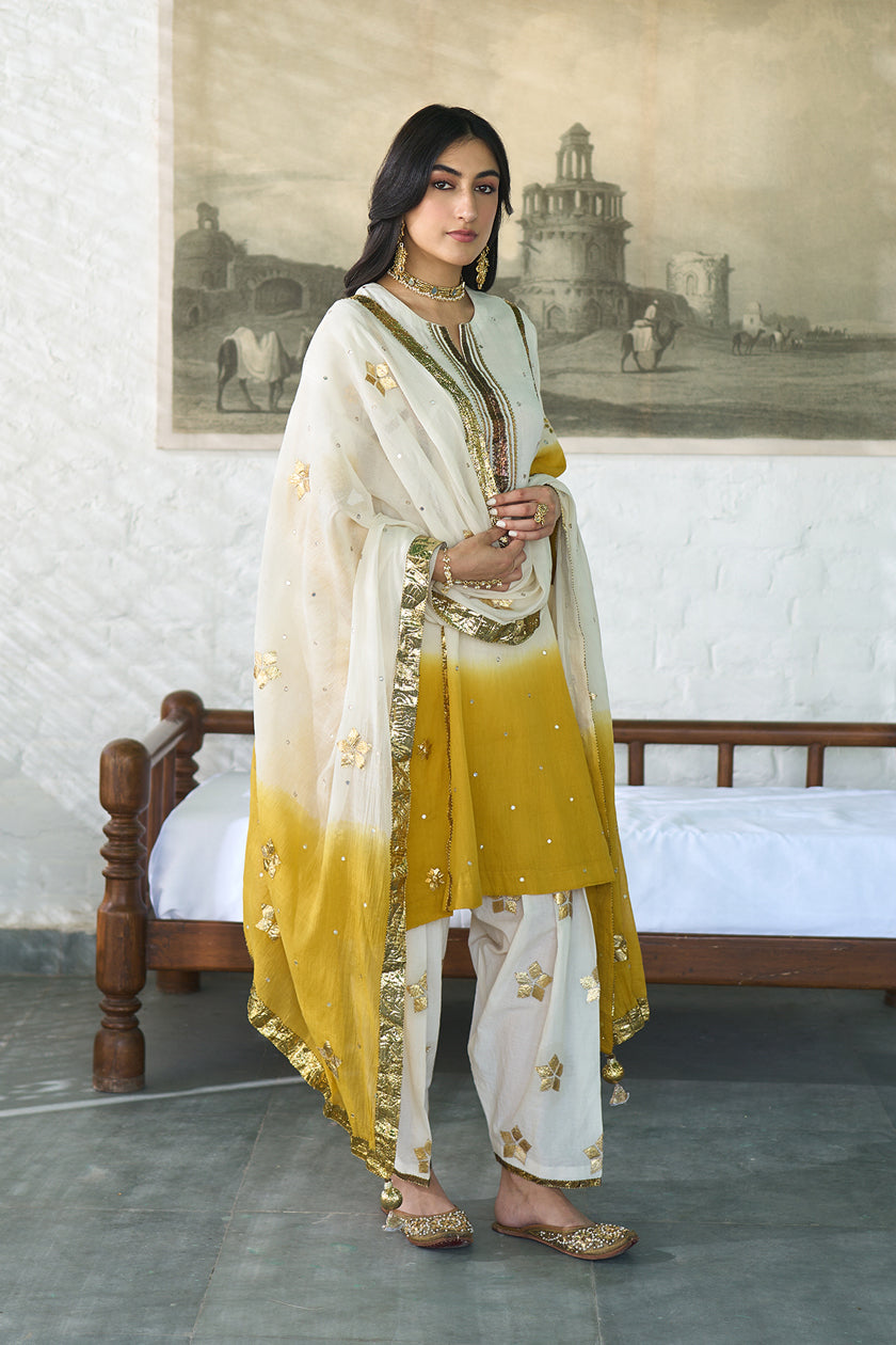 Ombre gota mustard patti embroidered ombre choga set ( set of 3 )