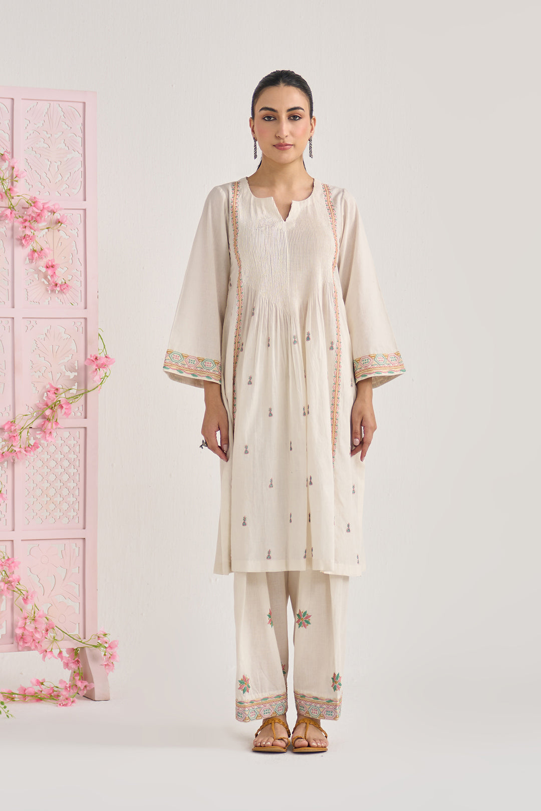 Chikankari summer 26" kora pintuck kurta with salwar and dupatta ( set of 3 )