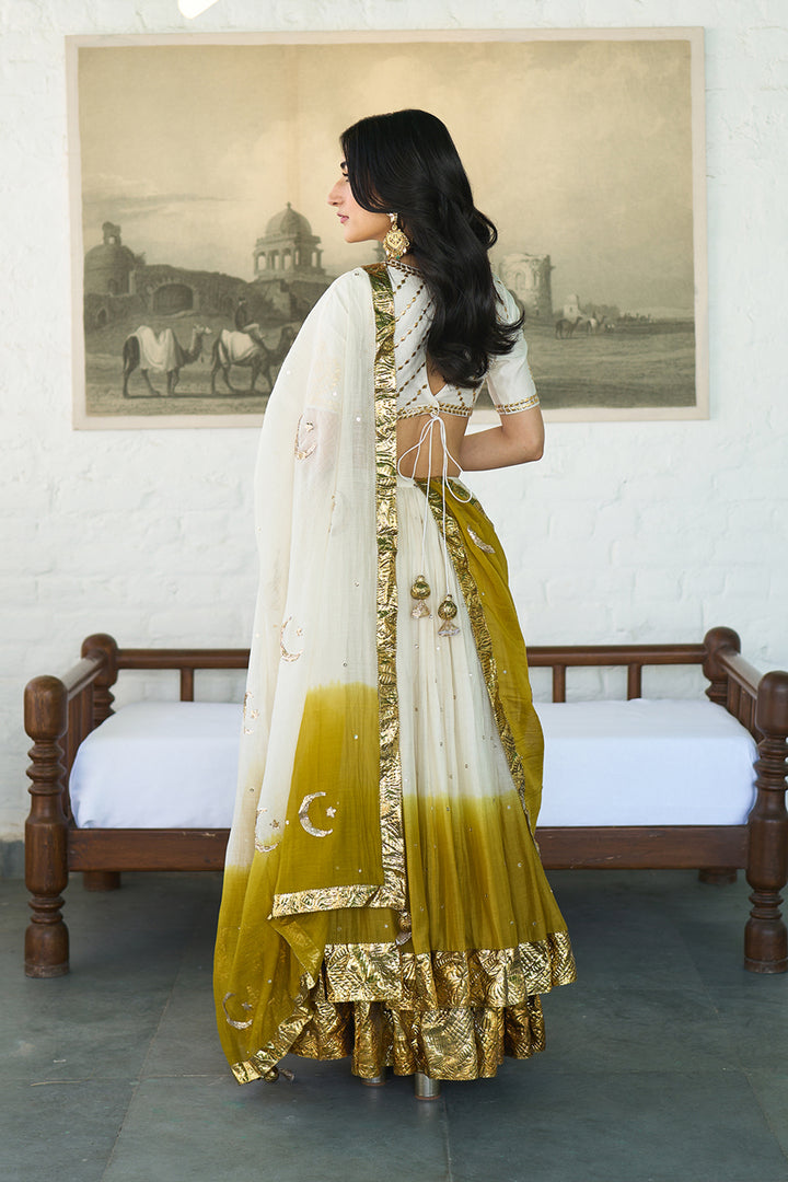Ombre gota mustard double layer ombre lehenga with gotapatti blouse with dupatta ( set of 3 )