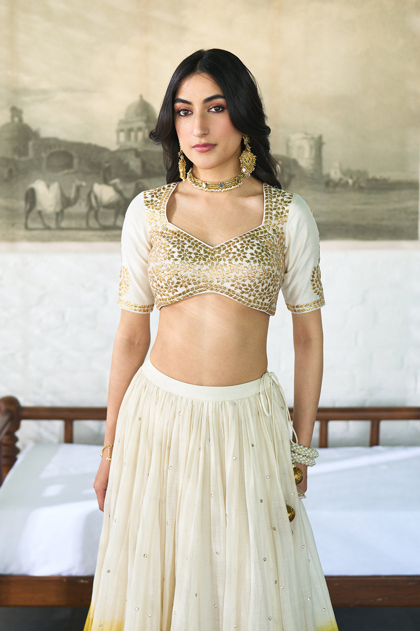 Ombre gota mustard double layer ombre lehenga with gotapatti blouse with dupatta ( set of 3 )