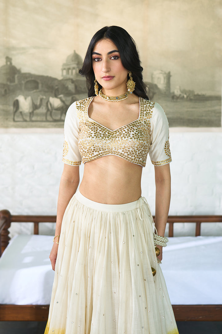 Ombre gota mustard double layer ombre lehenga with gotapatti blouse with dupatta ( set of 3 )