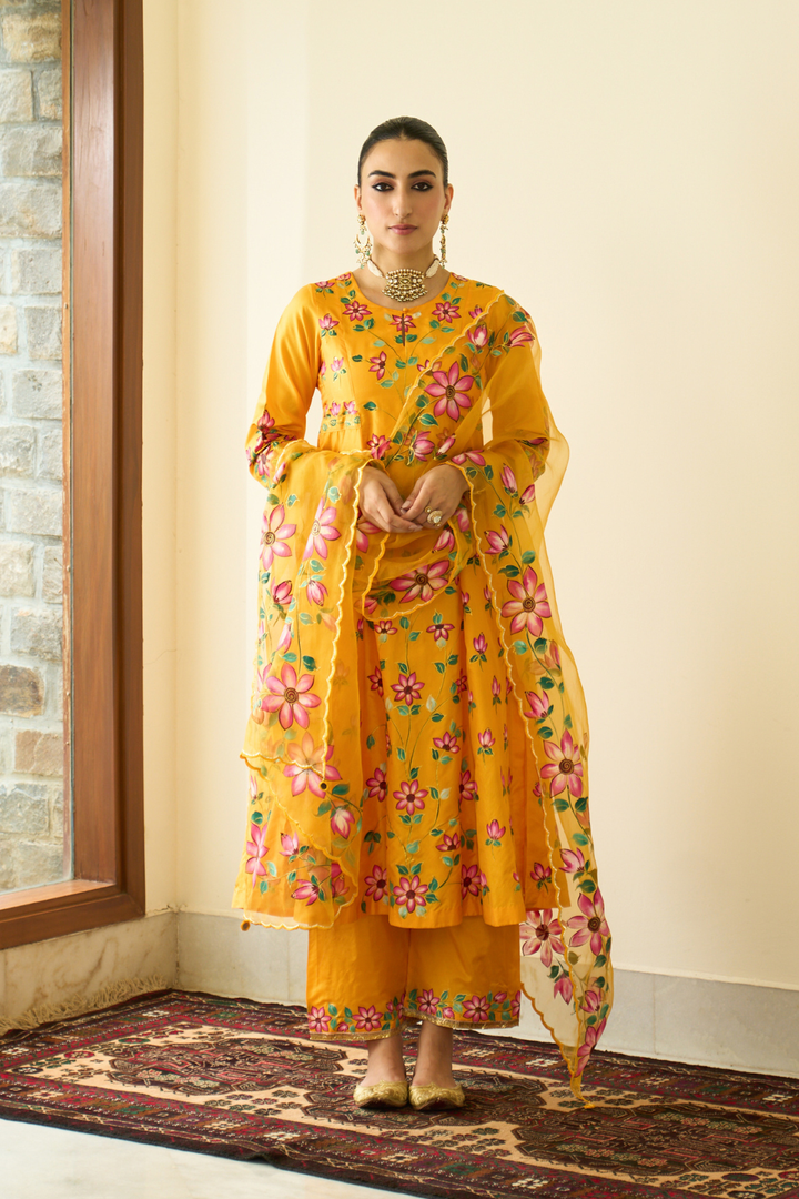 Saanjh Mustard Silk Handpainted Kalidar Kurta With Palazzo And Dupatta ( Set Of 3)