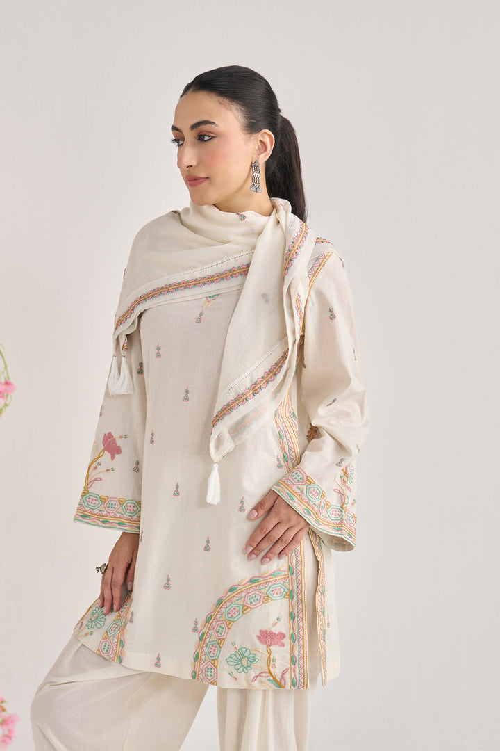 Chikankari summer 26" kora Straight cut kurta with salwar and scarf ( set of 3)