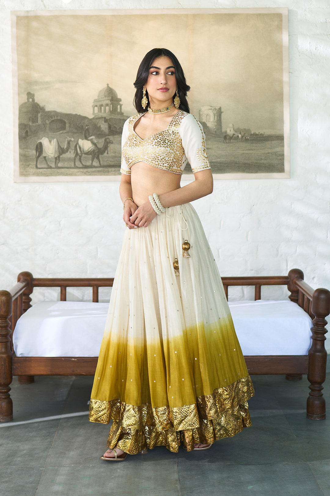 Ombre gota mustard double layer ombre lehenga with gotapatti blouse with dupatta ( set of 3 )