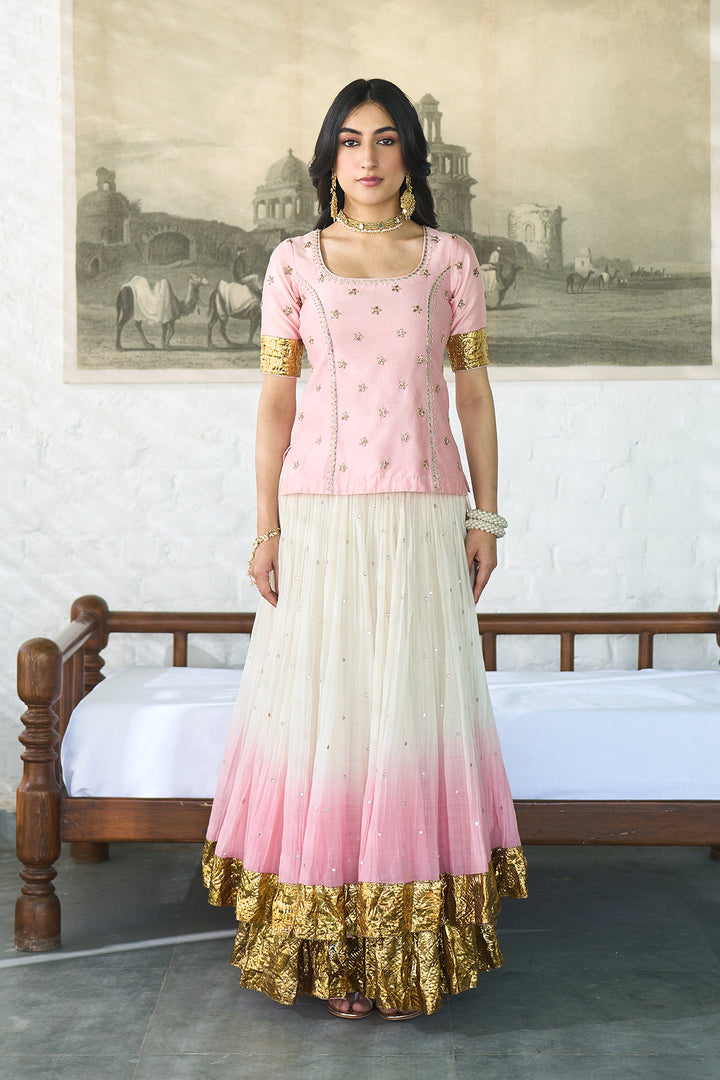 Ombre gota pink Double layer ombre lehenga with long blouse and dupatta ( set of 3 )