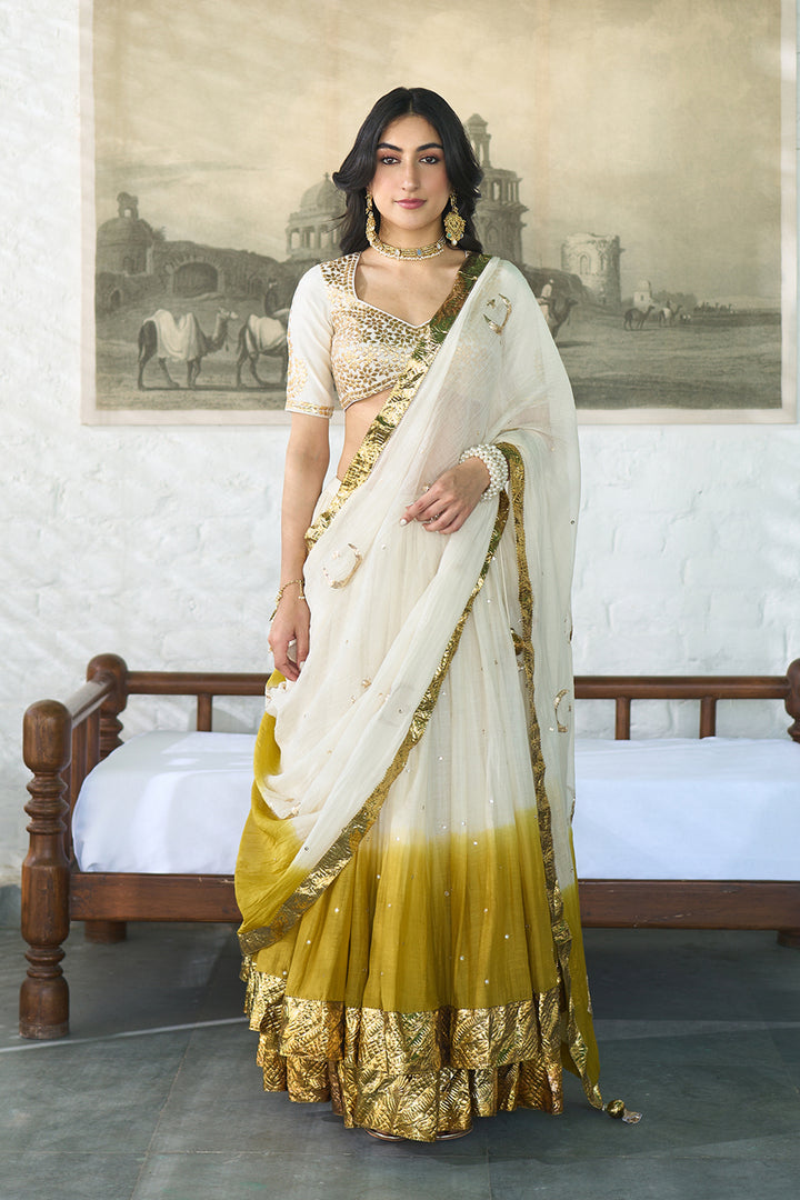 Ombre gota mustard double layer ombre lehenga with gotapatti blouse with dupatta ( set of 3 )
