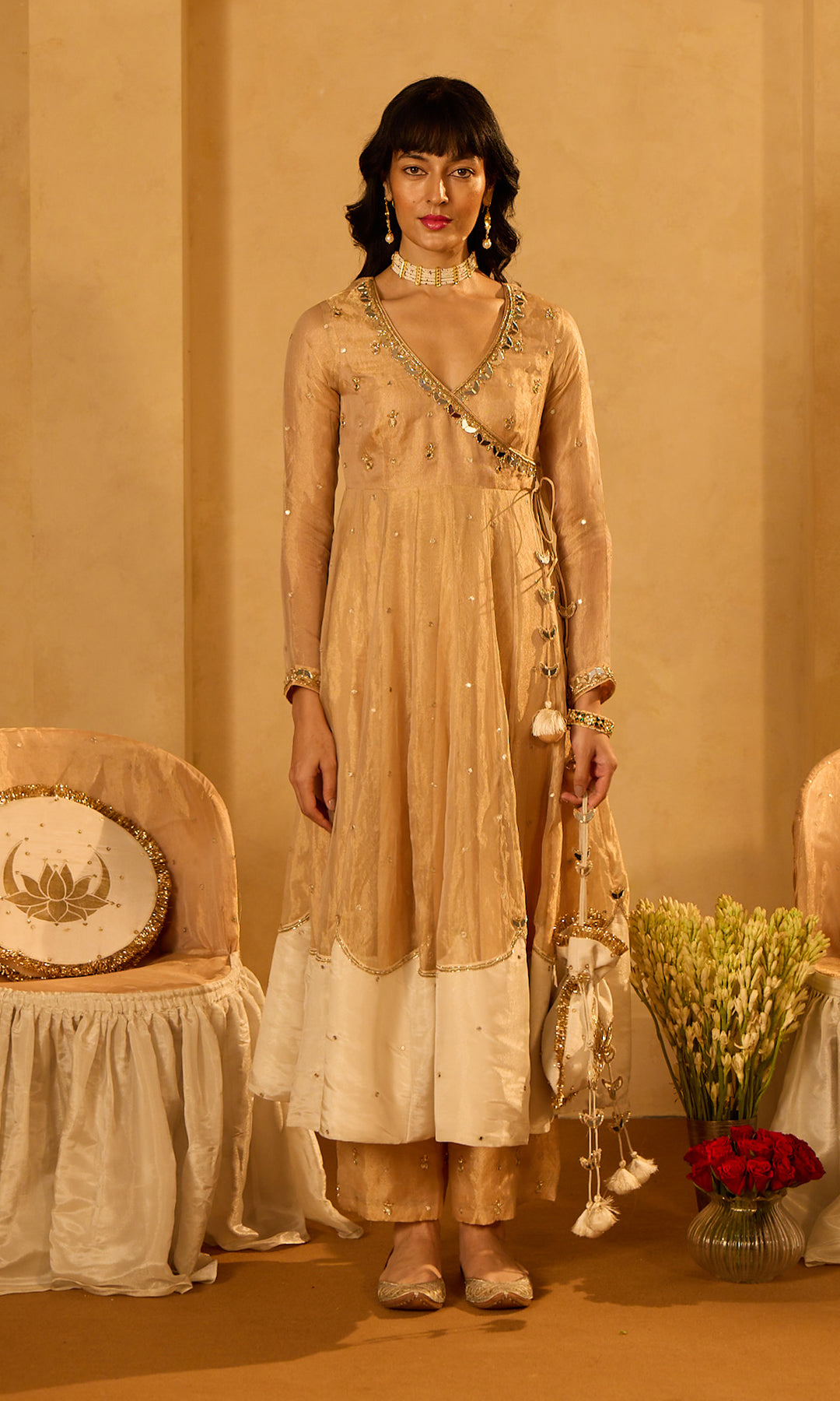 Dilbaro Tissue Embroidered Angrakha Anarkali with Palazzo Abnd Dupatta (set of 3)