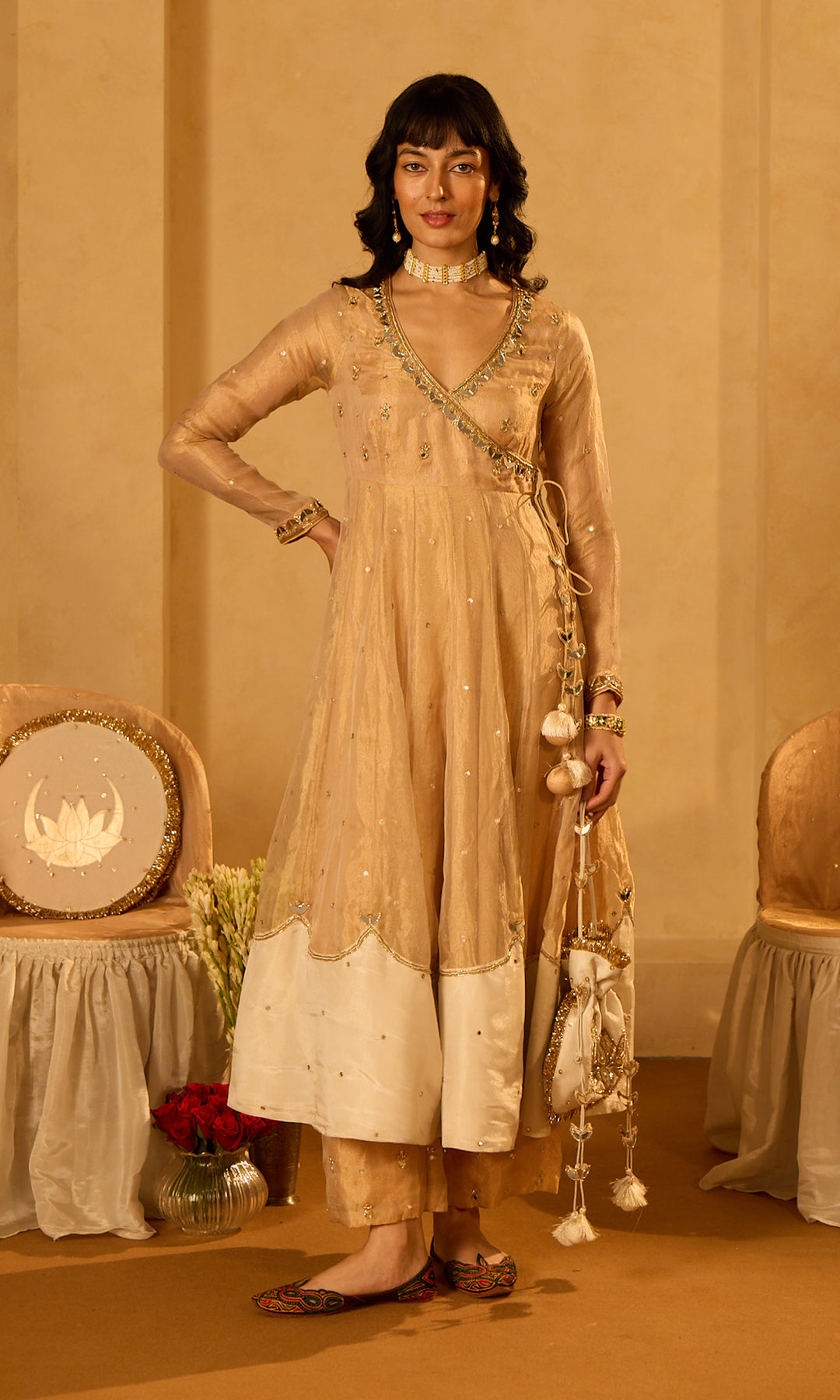 Dilbaro Tissue Embroidered Angrakha Anarkali with Palazzo Abnd Dupatta (set of 3)