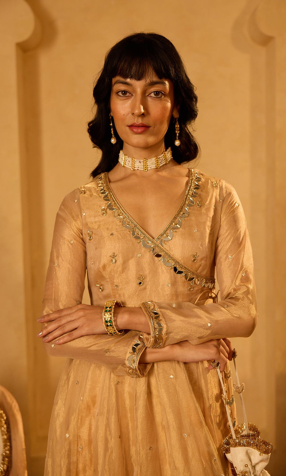 Dilbaro Tissue Embroidered Angrakha Anarkali with Palazzo Abnd Dupatta (set of 3)