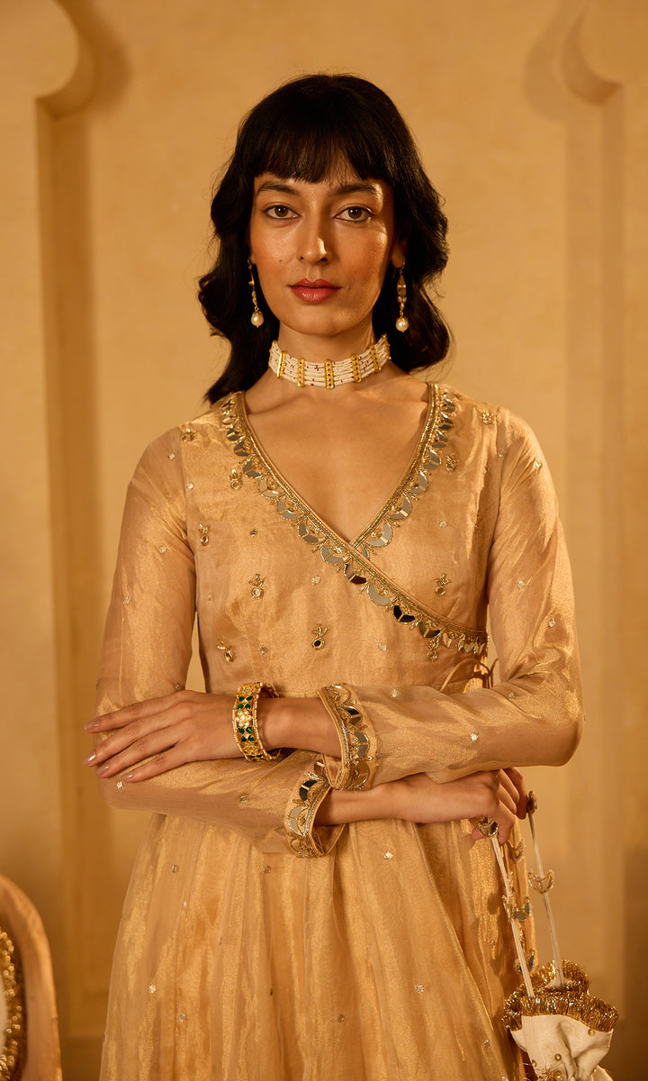 Dilbaro Tissue Embroidered Angrakha Anarkali with Palazzo Abnd Dupatta (set of 3)