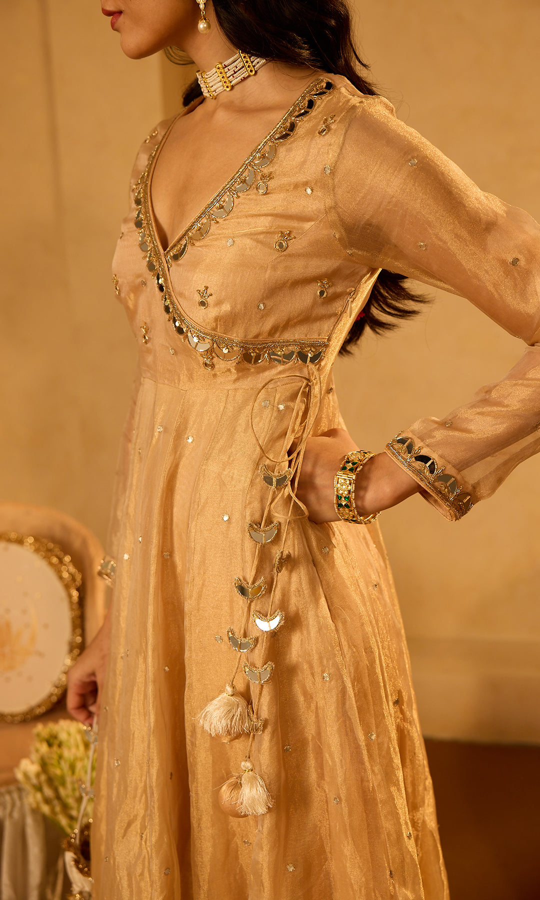 Dilbaro Tissue Embroidered Angrakha Anarkali with Palazzo Abnd Dupatta (set of 3)