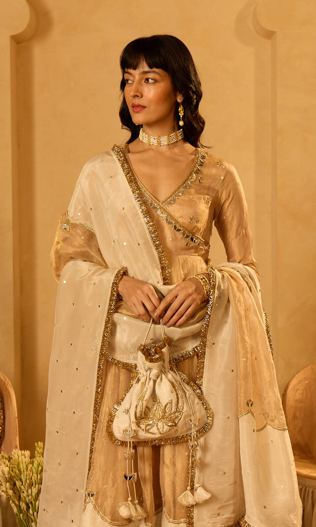 Dilbaro Tissue Embroidered Angrakha Anarkali with Palazzo Abnd Dupatta (set of 3)