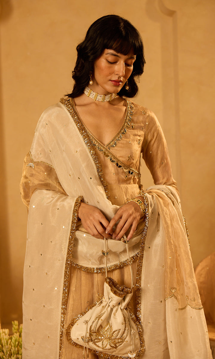 Dilbaro Tissue Embroidered Angrakha Anarkali with Palazzo Abnd Dupatta (set of 3)