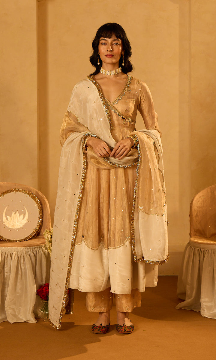 Dilbaro Tissue Embroidered Angrakha Anarkali with Palazzo Abnd Dupatta (set of 3)