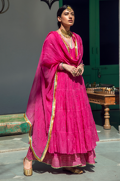 Ridhi Suri Rabab Rani gathered Aanarkali with flared palazzo and dupatta- set of 3