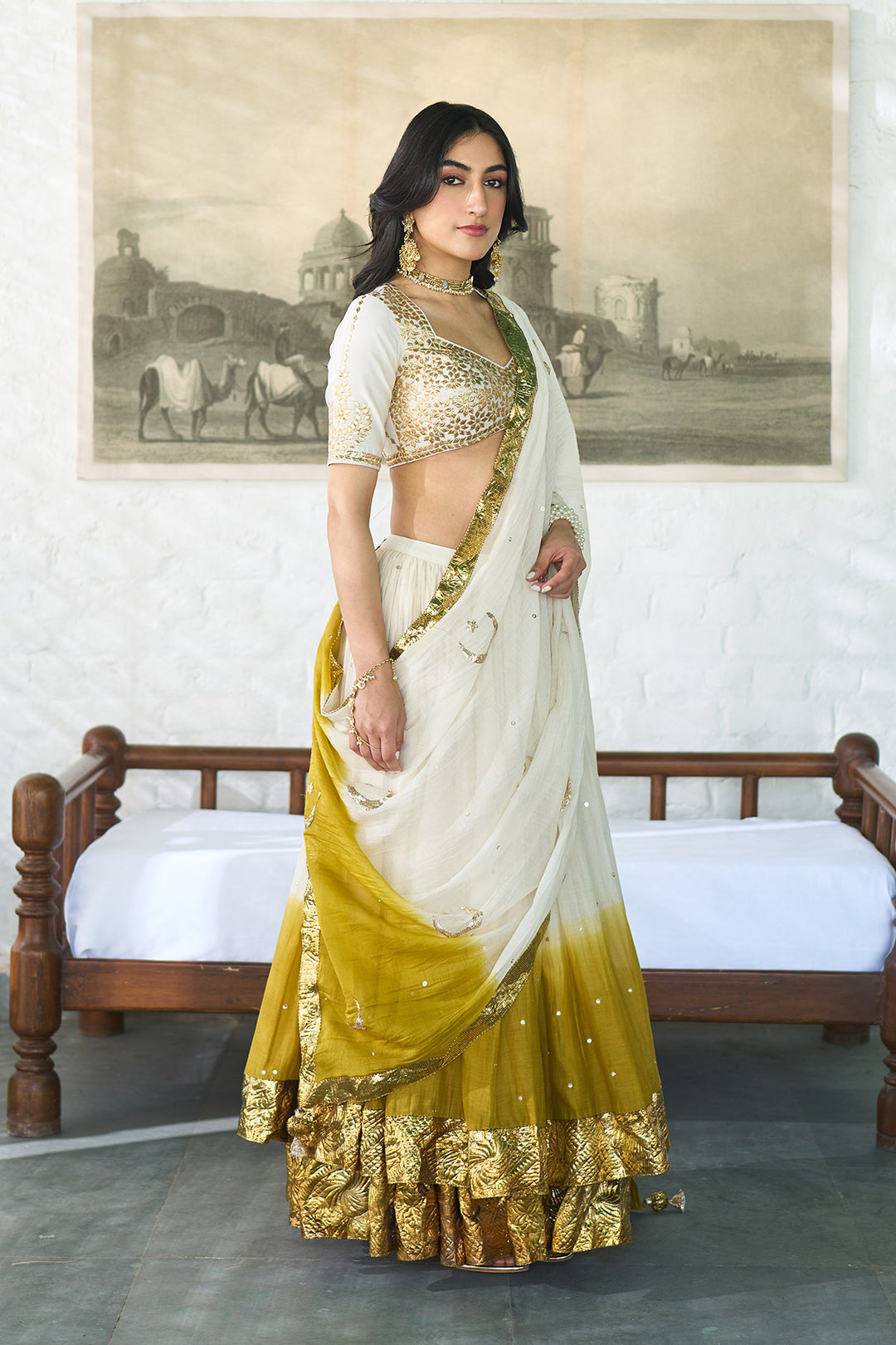 Ombre gota mustard double layer ombre lehenga with gotapatti blouse with dupatta ( set of 3 )