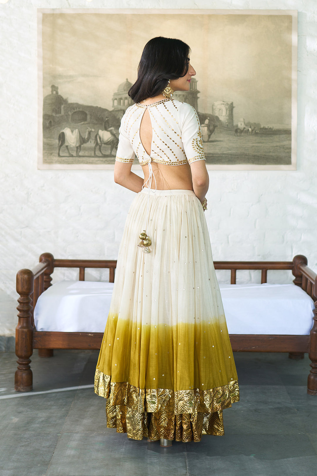 Ombre gota mustard double layer ombre lehenga with gotapatti blouse with dupatta ( set of 3 )