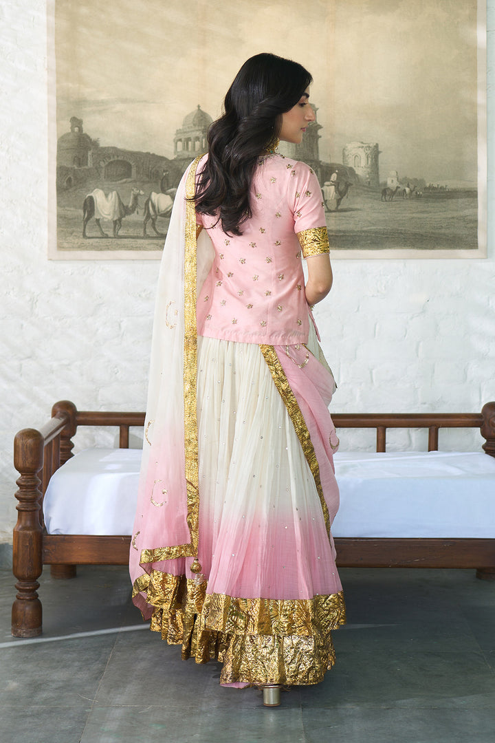 Ombre gota pink Double layer ombre lehenga with long blouse and dupatta ( set of 3 )