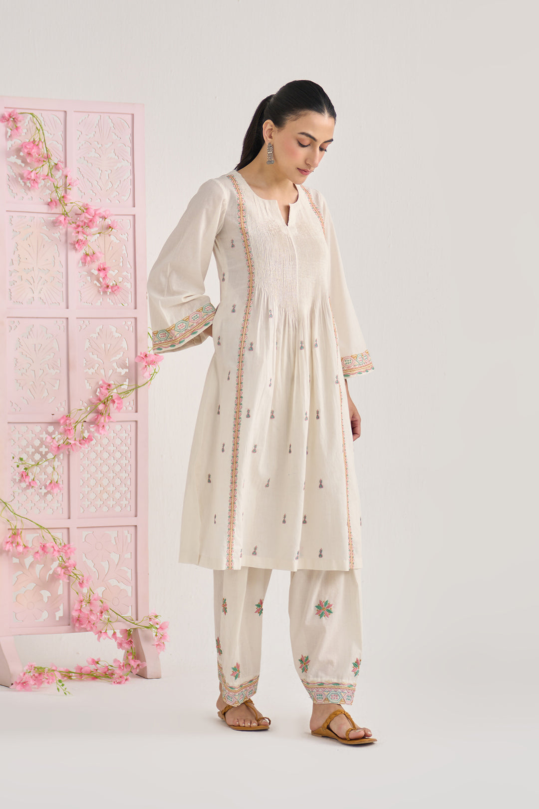 Chikankari summer 26" kora pintuck kurta with salwar ( set of 2)