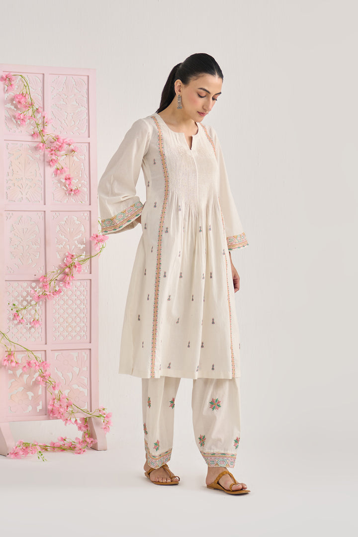 Chikankari summer 26" kora pintuck kurta with salwar ( set of 2)