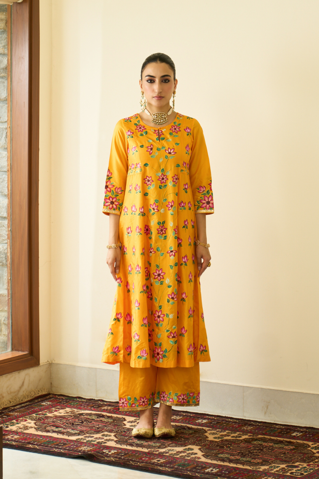 Saanjh Mustard Silk Handpainted Kalidar Kurta With Palazzo And Dupatta ( Set Of 3)