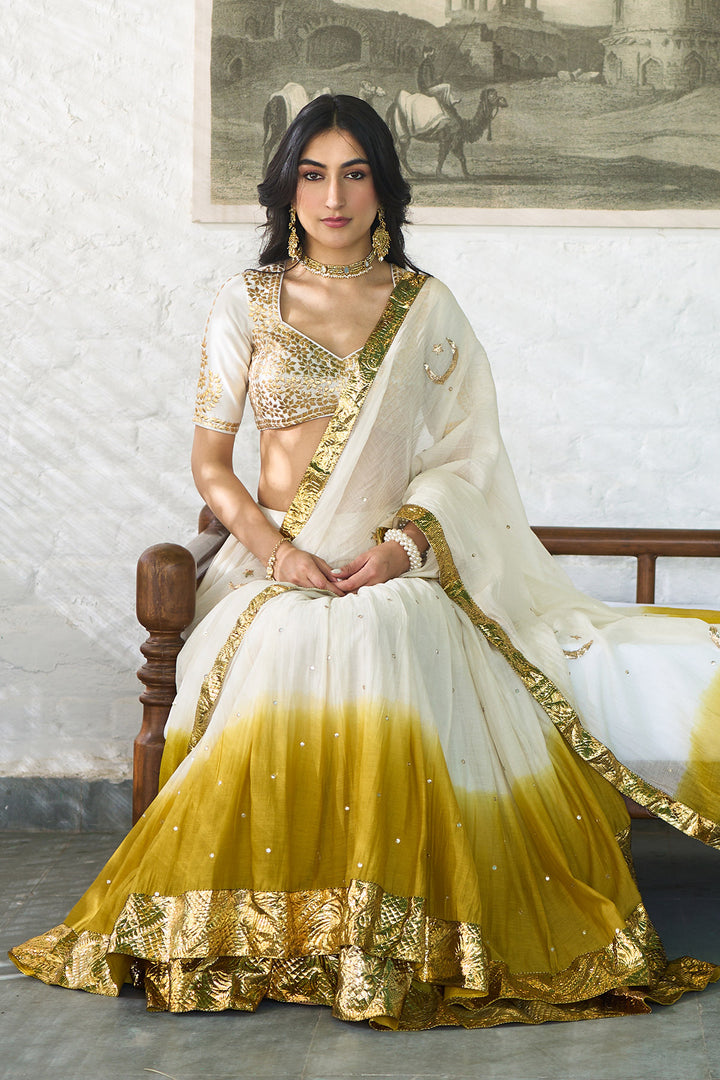 Ombre gota mustard double layer ombre lehenga with gotapatti blouse with dupatta ( set of 3 )