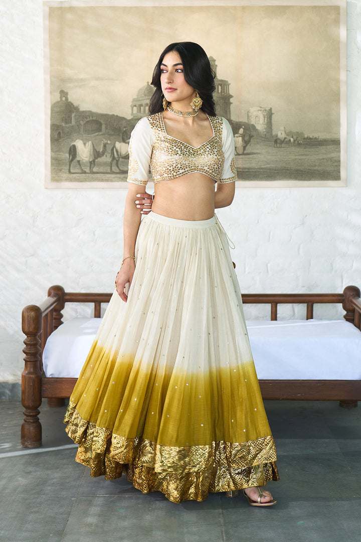 Ombre gota mustard double layer ombre lehenga with gotapatti blouse with dupatta ( set of 3 )